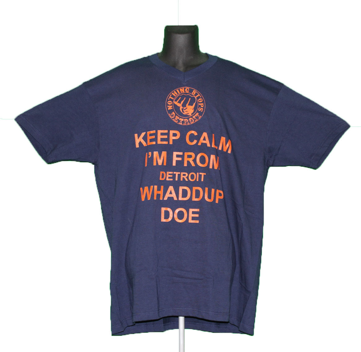 Nothing Stops Detroit Unisex Navy Blue with Orange Logo Keep Call I'm From Detroit Whaddup Doe Short Sleeve Tee